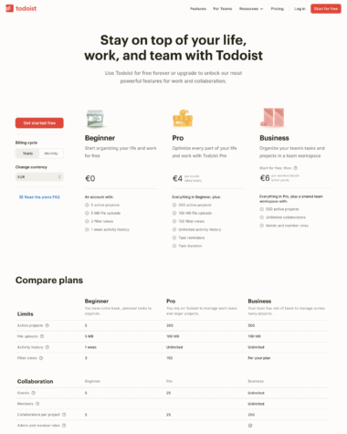 todoist pricing page