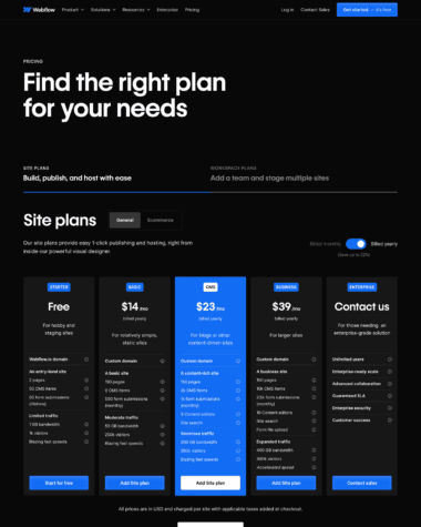 webflow pricing page