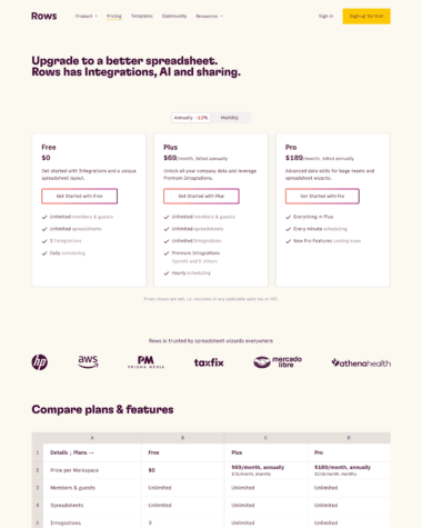 rows pricing page