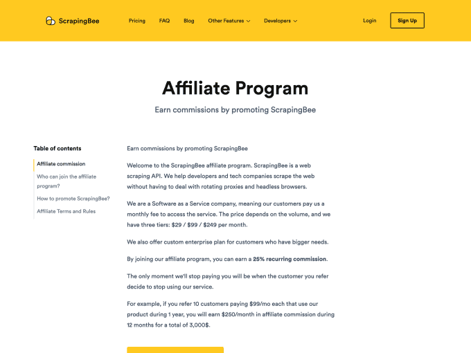 Scrapingbee affiliate landing page