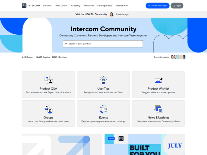 intercom community forum page
