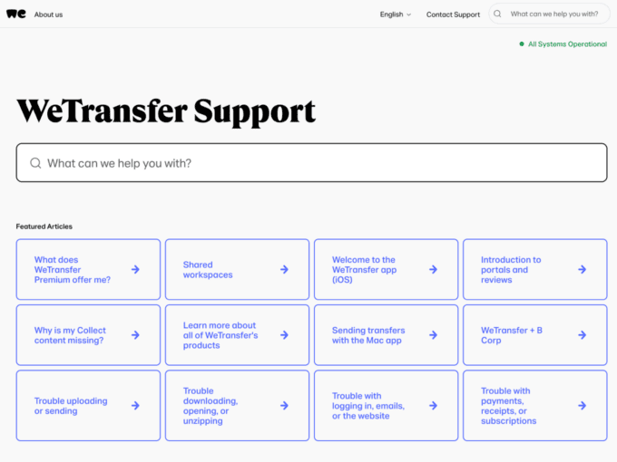 wetransfer help center page